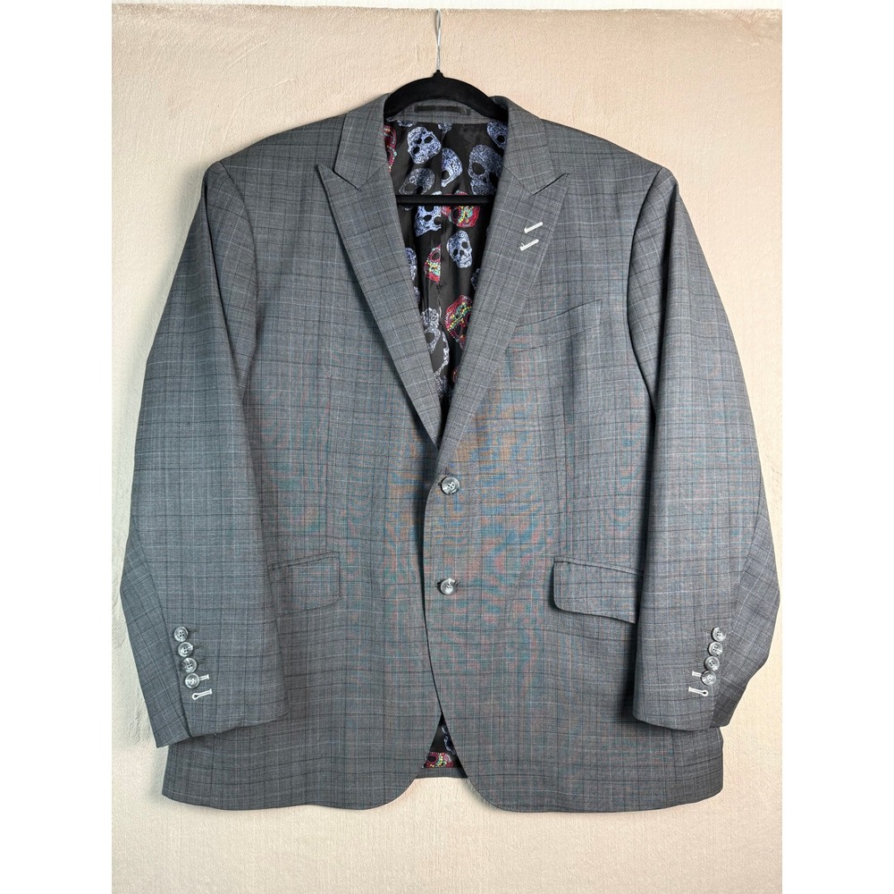 Bespoke Christian Roche Gray Plaid Suit Jacket Custom Silk Skull Lined 44R